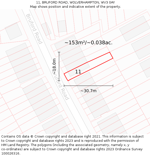 11, BRUFORD ROAD, WOLVERHAMPTON, WV3 0AY: Plot and title map
