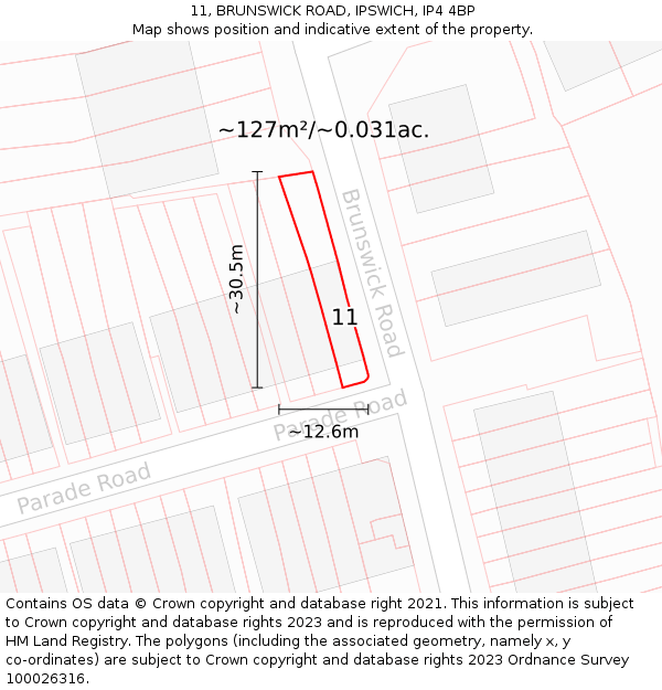 11, BRUNSWICK ROAD, IPSWICH, IP4 4BP: Plot and title map