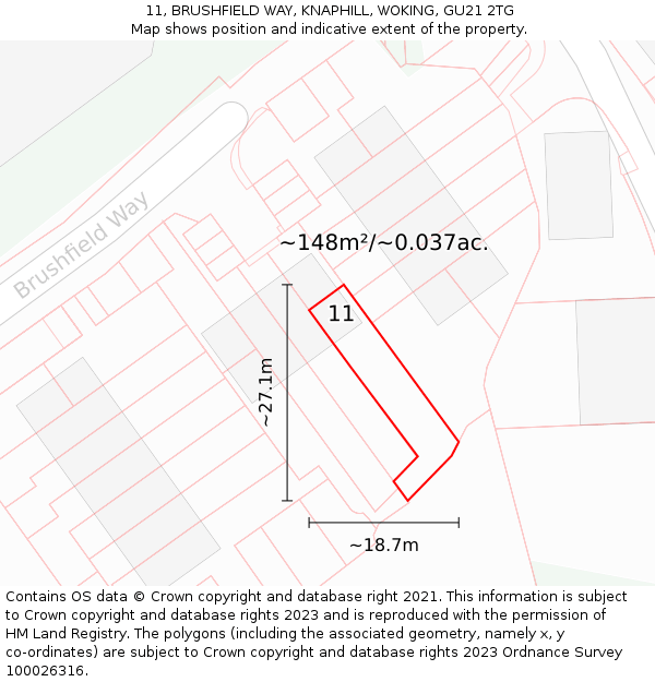 11, BRUSHFIELD WAY, KNAPHILL, WOKING, GU21 2TG: Plot and title map
