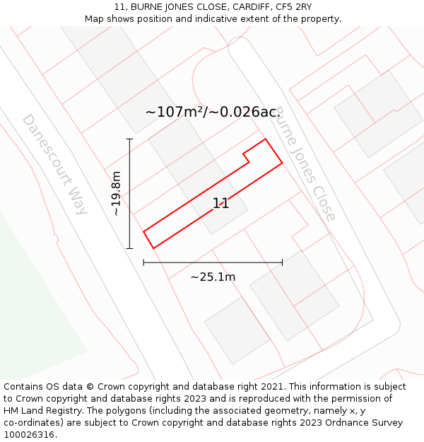 11, BURNE JONES CLOSE, CARDIFF, CF5 2RY: Plot and title map