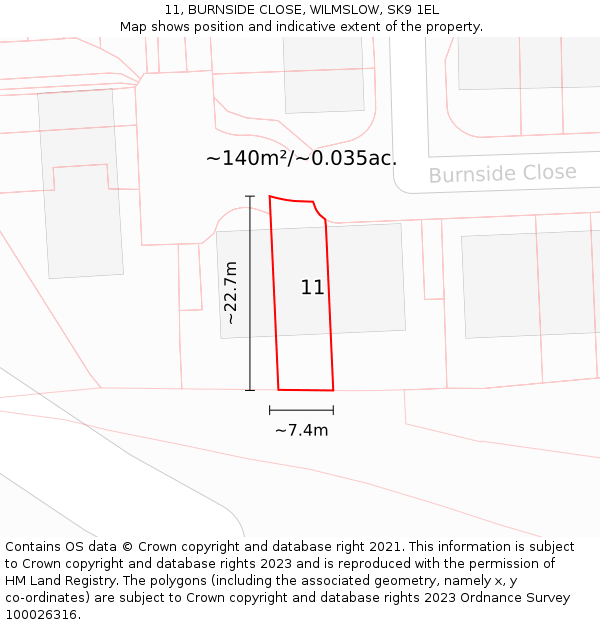 11, BURNSIDE CLOSE, WILMSLOW, SK9 1EL: Plot and title map
