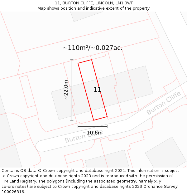 11, BURTON CLIFFE, LINCOLN, LN1 3WT: Plot and title map