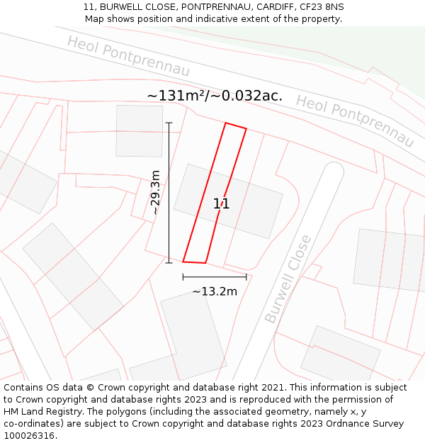 11, BURWELL CLOSE, PONTPRENNAU, CARDIFF, CF23 8NS: Plot and title map