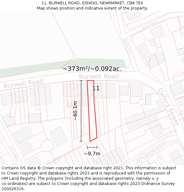 11, BURWELL ROAD, EXNING, NEWMARKET, CB8 7EX: Plot and title map