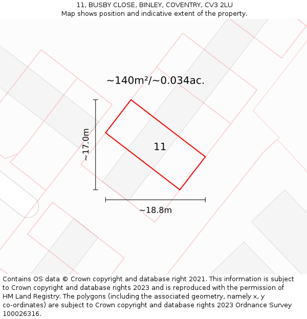 11, BUSBY CLOSE, BINLEY, COVENTRY, CV3 2LU: Plot and title map