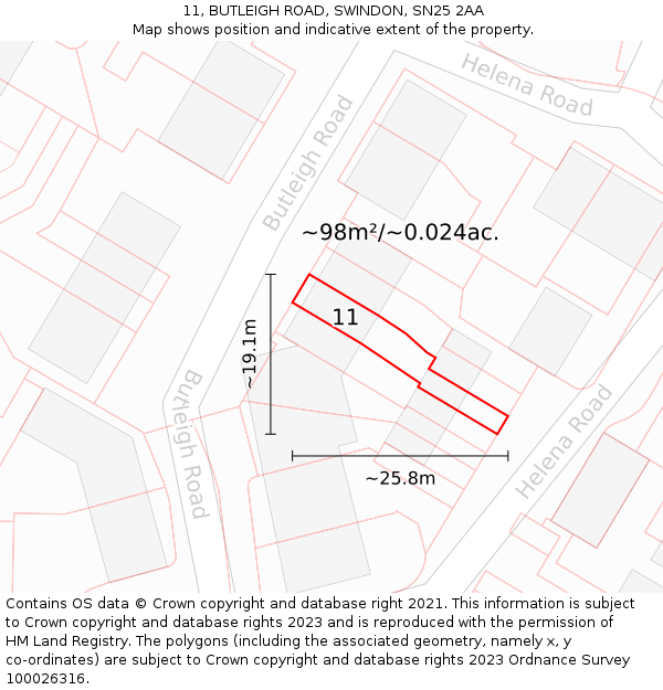 11, BUTLEIGH ROAD, SWINDON, SN25 2AA: Plot and title map