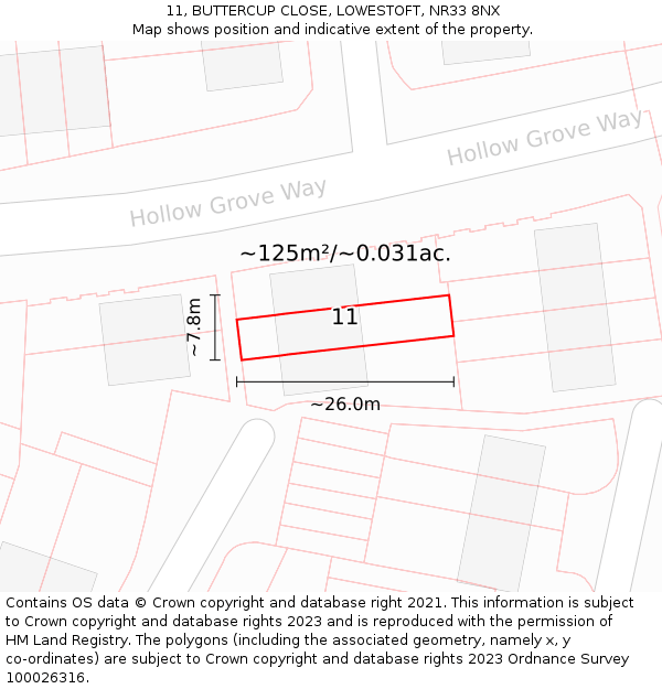 11, BUTTERCUP CLOSE, LOWESTOFT, NR33 8NX: Plot and title map