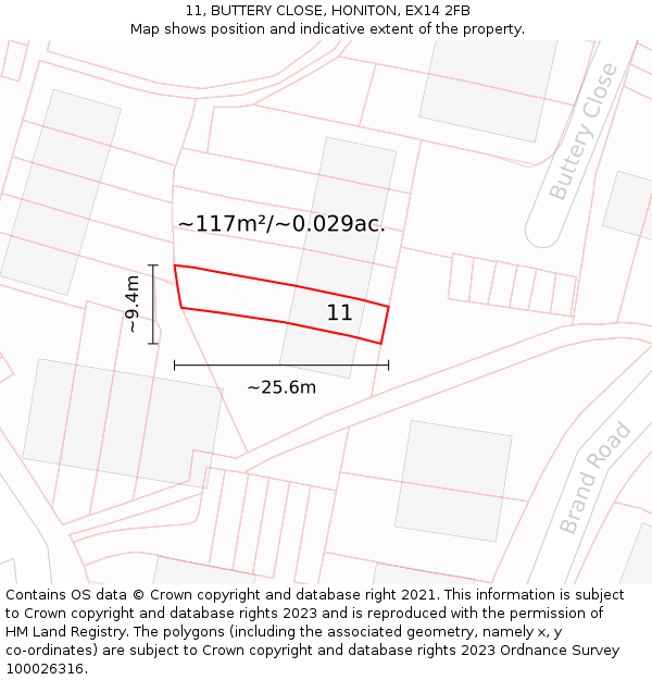 11, BUTTERY CLOSE, HONITON, EX14 2FB: Plot and title map
