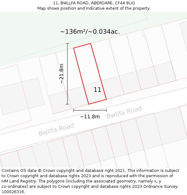 11, BWLLFA ROAD, ABERDARE, CF44 8UG: Plot and title map