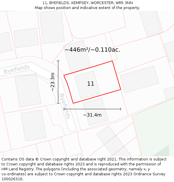 11, BYEFIELDS, KEMPSEY, WORCESTER, WR5 3NN: Plot and title map