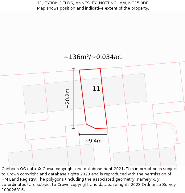 11, BYRON FIELDS, ANNESLEY, NOTTINGHAM, NG15 0DE: Plot and title map