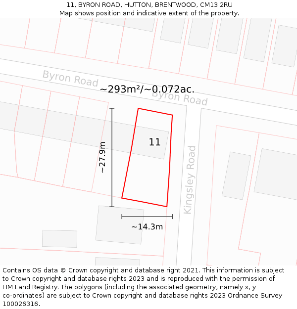 11, BYRON ROAD, HUTTON, BRENTWOOD, CM13 2RU: Plot and title map