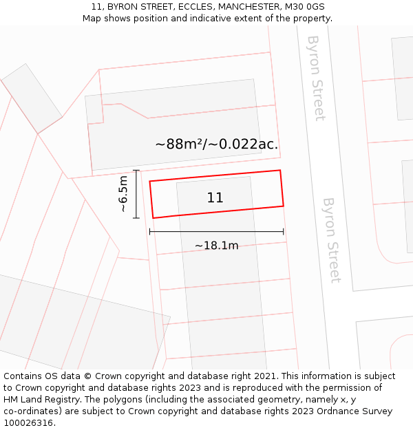11, BYRON STREET, ECCLES, MANCHESTER, M30 0GS: Plot and title map