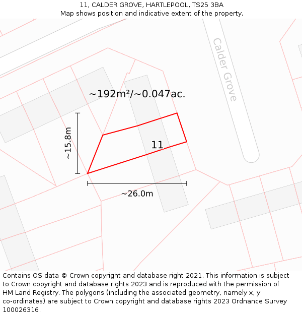 11, CALDER GROVE, HARTLEPOOL, TS25 3BA: Plot and title map