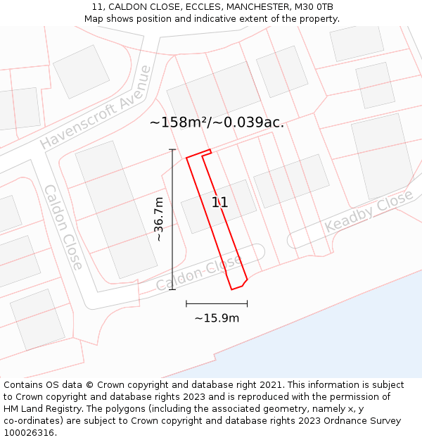 11, CALDON CLOSE, ECCLES, MANCHESTER, M30 0TB: Plot and title map