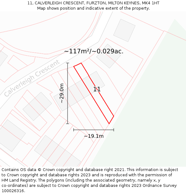 11, CALVERLEIGH CRESCENT, FURZTON, MILTON KEYNES, MK4 1HT: Plot and title map