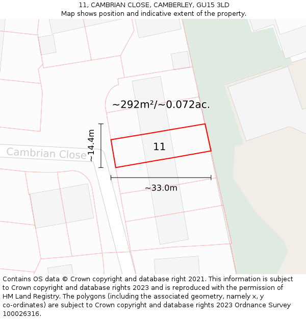 11, CAMBRIAN CLOSE, CAMBERLEY, GU15 3LD: Plot and title map