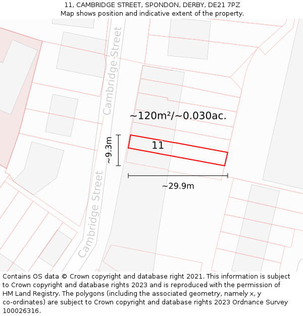 11, CAMBRIDGE STREET, SPONDON, DERBY, DE21 7PZ: Plot and title map