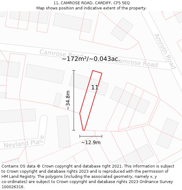 11, CAMROSE ROAD, CARDIFF, CF5 5EQ: Plot and title map