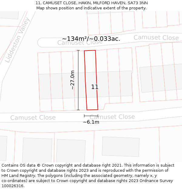 11, CAMUSET CLOSE, HAKIN, MILFORD HAVEN, SA73 3NN: Plot and title map