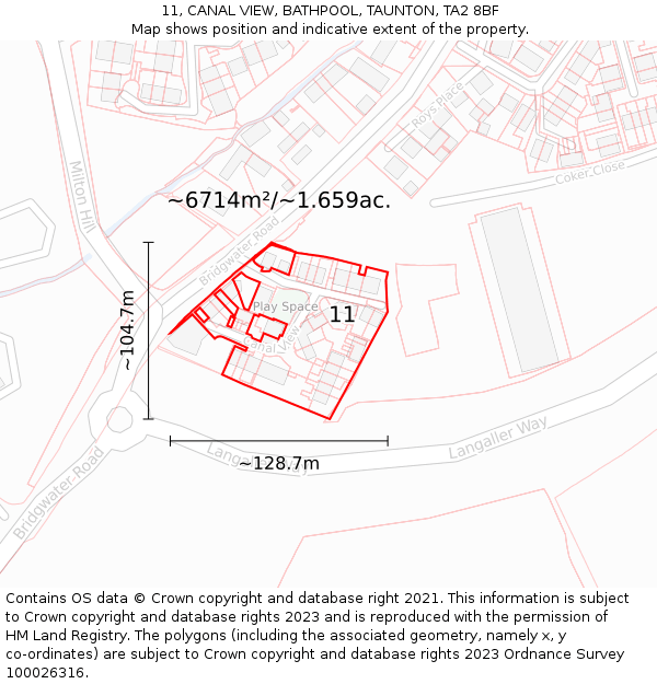 11, CANAL VIEW, BATHPOOL, TAUNTON, TA2 8BF: Plot and title map