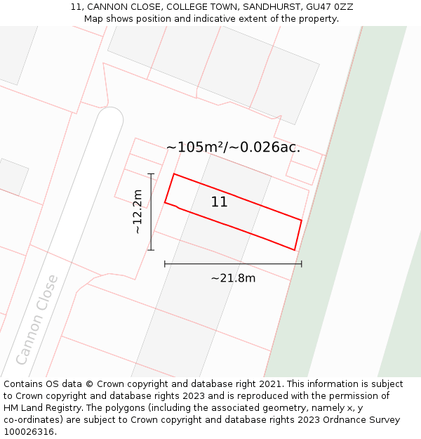 11, CANNON CLOSE, COLLEGE TOWN, SANDHURST, GU47 0ZZ: Plot and title map