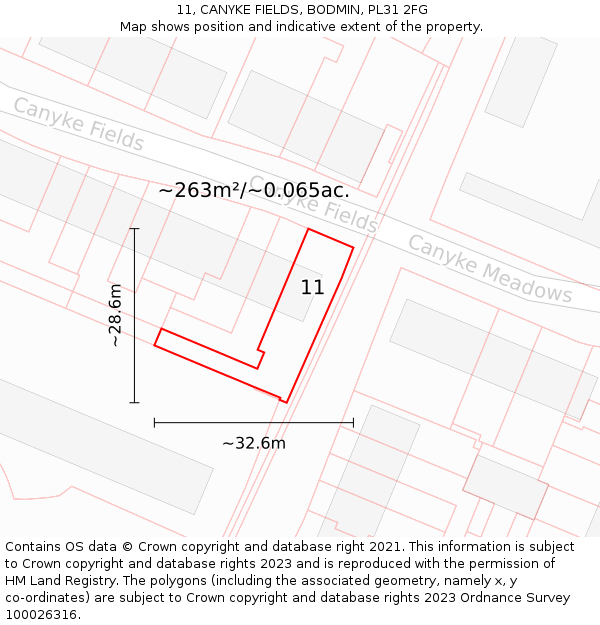 11, CANYKE FIELDS, BODMIN, PL31 2FG: Plot and title map