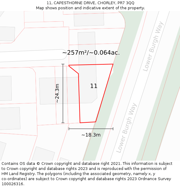 11, CAPESTHORNE DRIVE, CHORLEY, PR7 3QQ: Plot and title map