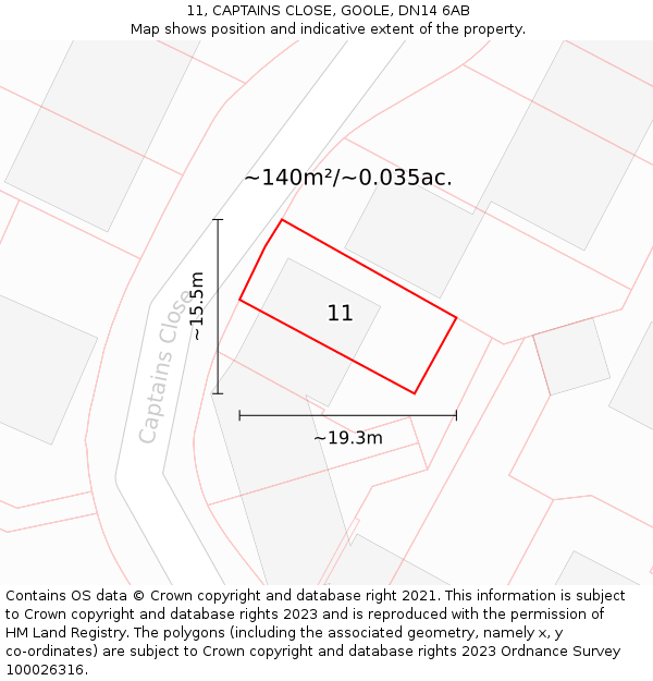11, CAPTAINS CLOSE, GOOLE, DN14 6AB: Plot and title map