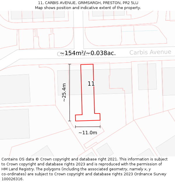 11, CARBIS AVENUE, GRIMSARGH, PRESTON, PR2 5LU: Plot and title map