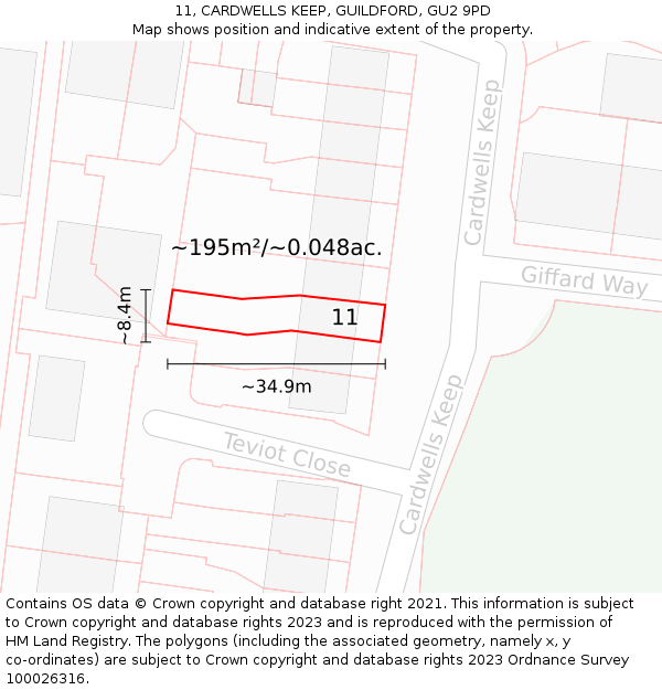 11, CARDWELLS KEEP, GUILDFORD, GU2 9PD: Plot and title map