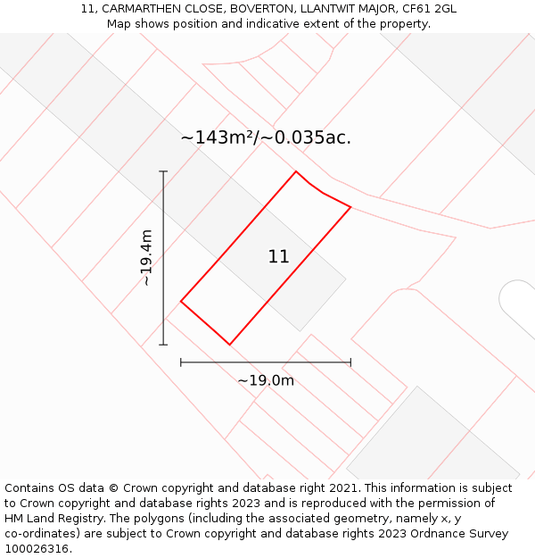 11, CARMARTHEN CLOSE, BOVERTON, LLANTWIT MAJOR, CF61 2GL: Plot and title map