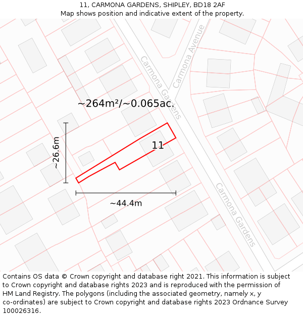 11, CARMONA GARDENS, SHIPLEY, BD18 2AF: Plot and title map