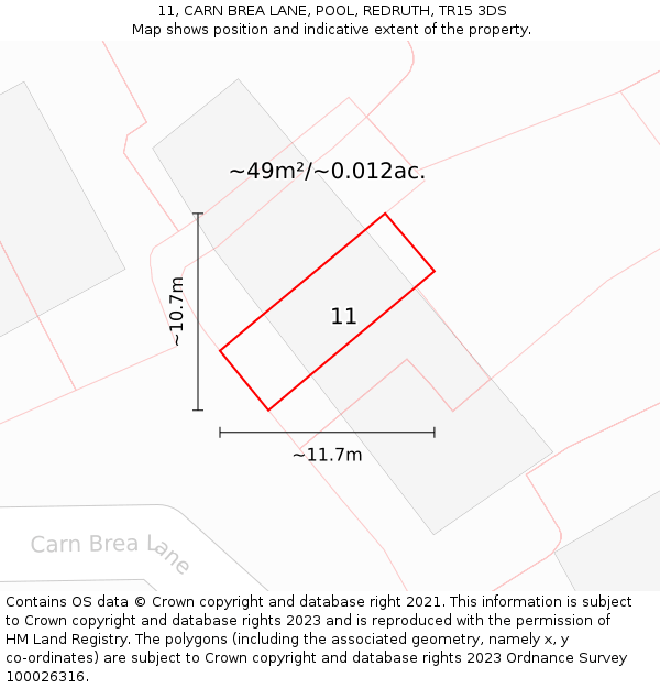 11, CARN BREA LANE, POOL, REDRUTH, TR15 3DS: Plot and title map