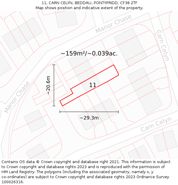 11, CARN CELYN, BEDDAU, PONTYPRIDD, CF38 2TF: Plot and title map