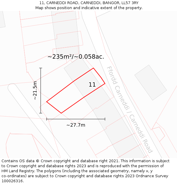 11, CARNEDDI ROAD, CARNEDDI, BANGOR, LL57 3RY: Plot and title map