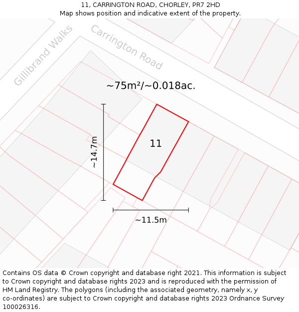 11, CARRINGTON ROAD, CHORLEY, PR7 2HD: Plot and title map