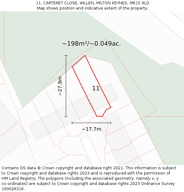11, CARTERET CLOSE, WILLEN, MILTON KEYNES, MK15 9LD: Plot and title map