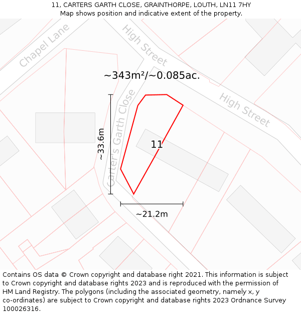 11, CARTERS GARTH CLOSE, GRAINTHORPE, LOUTH, LN11 7HY: Plot and title map