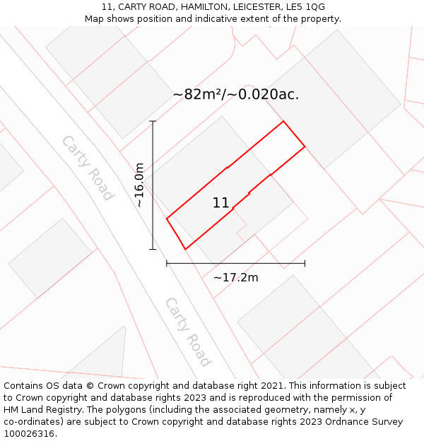 11, CARTY ROAD, HAMILTON, LEICESTER, LE5 1QG: Plot and title map