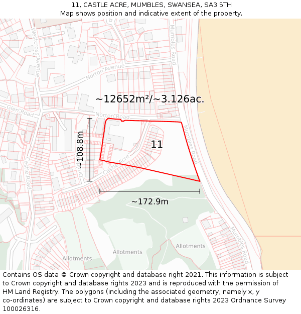 11, CASTLE ACRE, MUMBLES, SWANSEA, SA3 5TH: Plot and title map