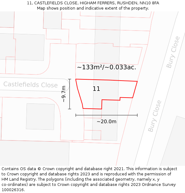 11, CASTLEFIELDS CLOSE, HIGHAM FERRERS, RUSHDEN, NN10 8FA: Plot and title map