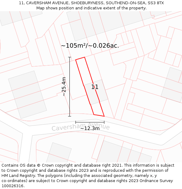 11, CAVERSHAM AVENUE, SHOEBURYNESS, SOUTHEND-ON-SEA, SS3 8TX: Plot and title map