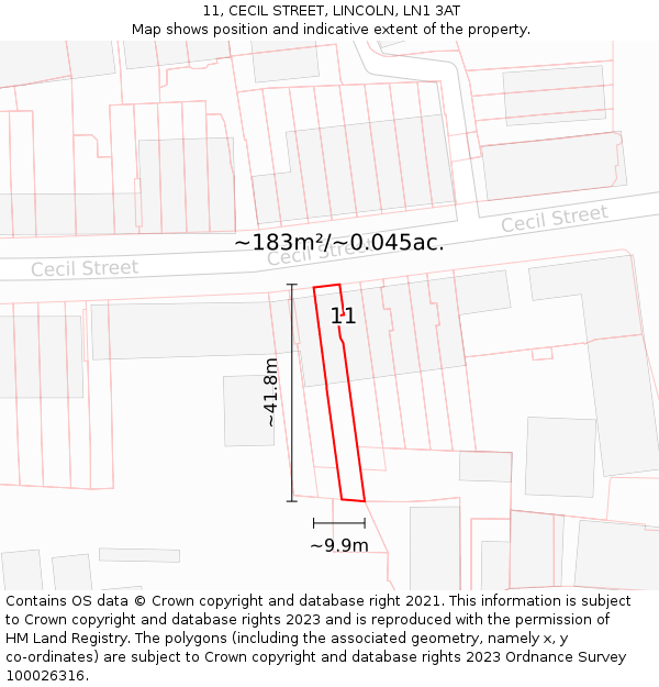 11, CECIL STREET, LINCOLN, LN1 3AT: Plot and title map