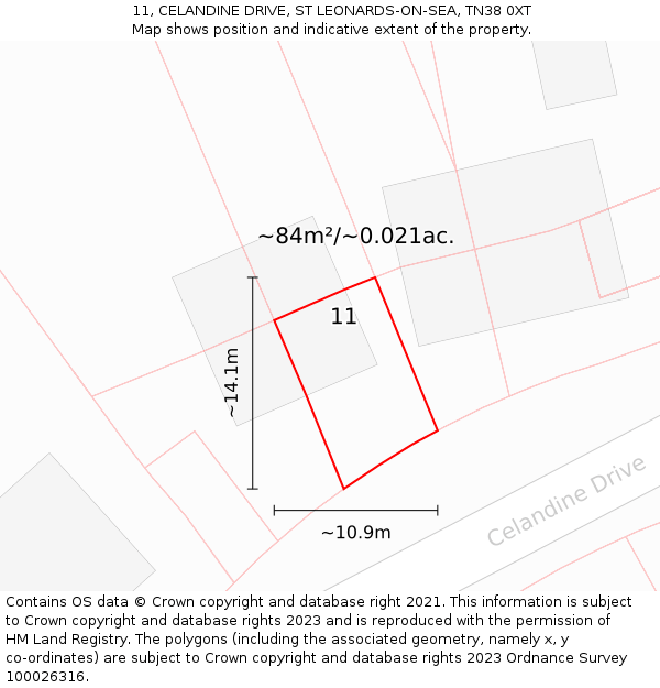 11, CELANDINE DRIVE, ST LEONARDS-ON-SEA, TN38 0XT: Plot and title map