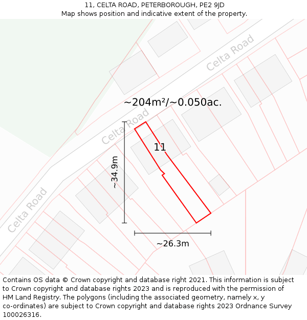 11, CELTA ROAD, PETERBOROUGH, PE2 9JD: Plot and title map