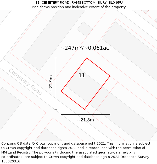 11, CEMETERY ROAD, RAMSBOTTOM, BURY, BL0 9PU: Plot and title map