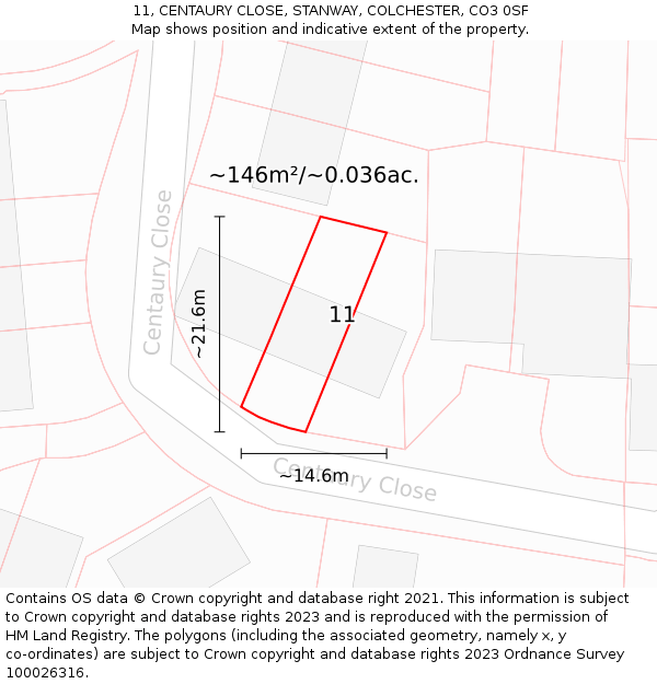 11, CENTAURY CLOSE, STANWAY, COLCHESTER, CO3 0SF: Plot and title map