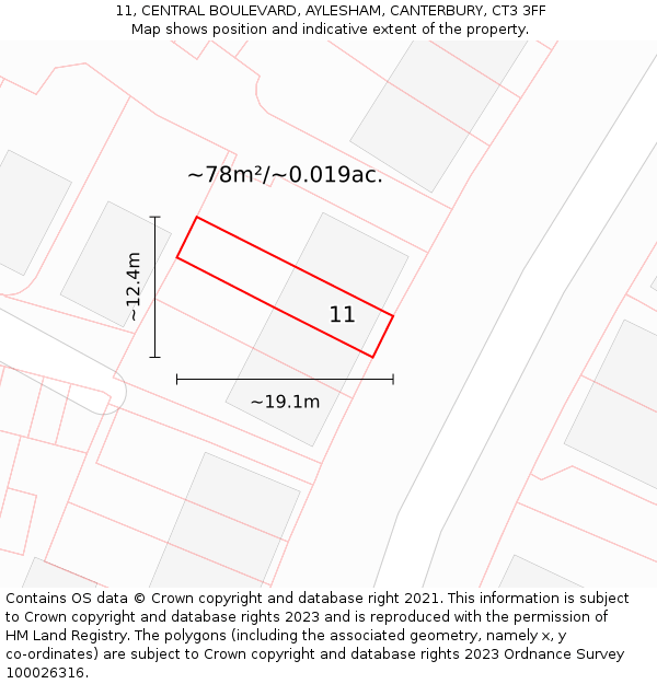 11, CENTRAL BOULEVARD, AYLESHAM, CANTERBURY, CT3 3FF: Plot and title map