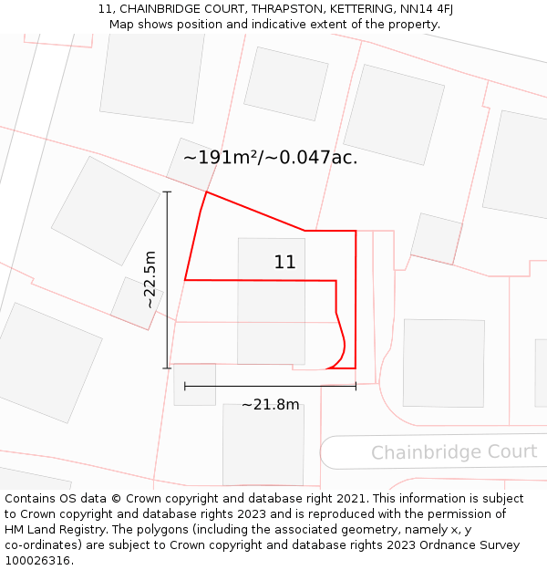 11, CHAINBRIDGE COURT, THRAPSTON, KETTERING, NN14 4FJ: Plot and title map